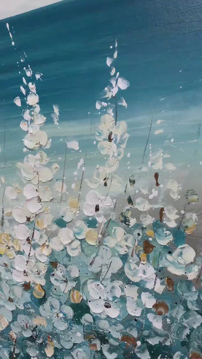 Ocean Breeze: Impasto Seascape Oil Painting in Blue and White on Canvas