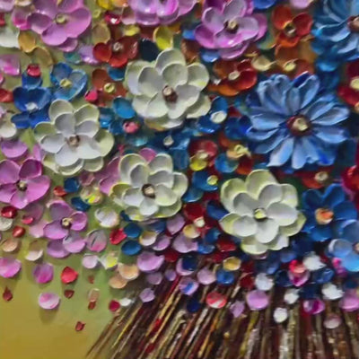 Textured impasto floral painting, VIBRANT BOUQUET with thick petals in blue, red, white, pink. Horizontal wall art.