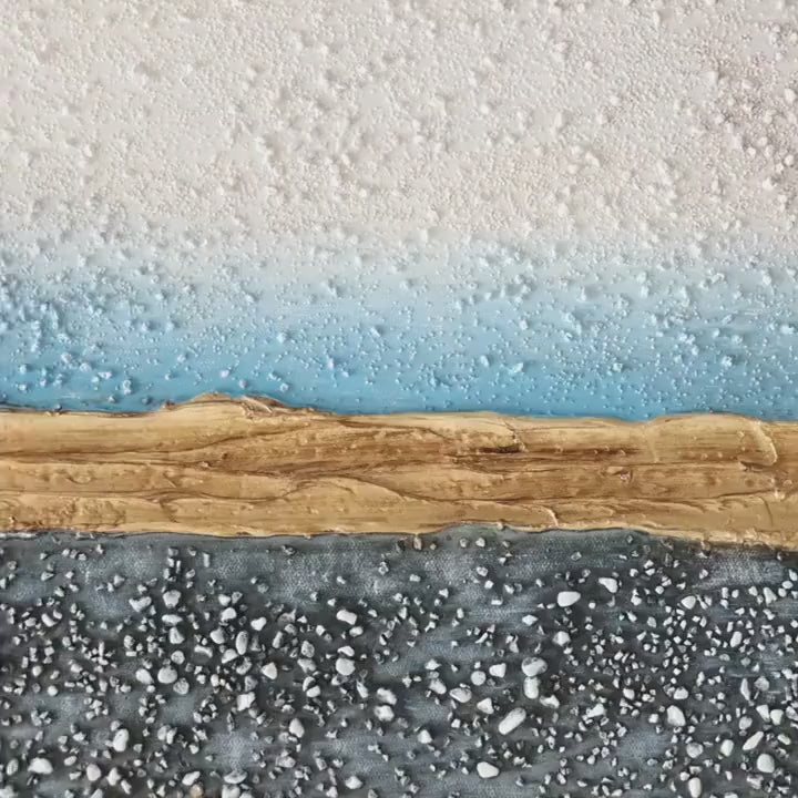 Golden Horizon: Panoramic Abstract Oil Painting with Gold and Blue on Canvas