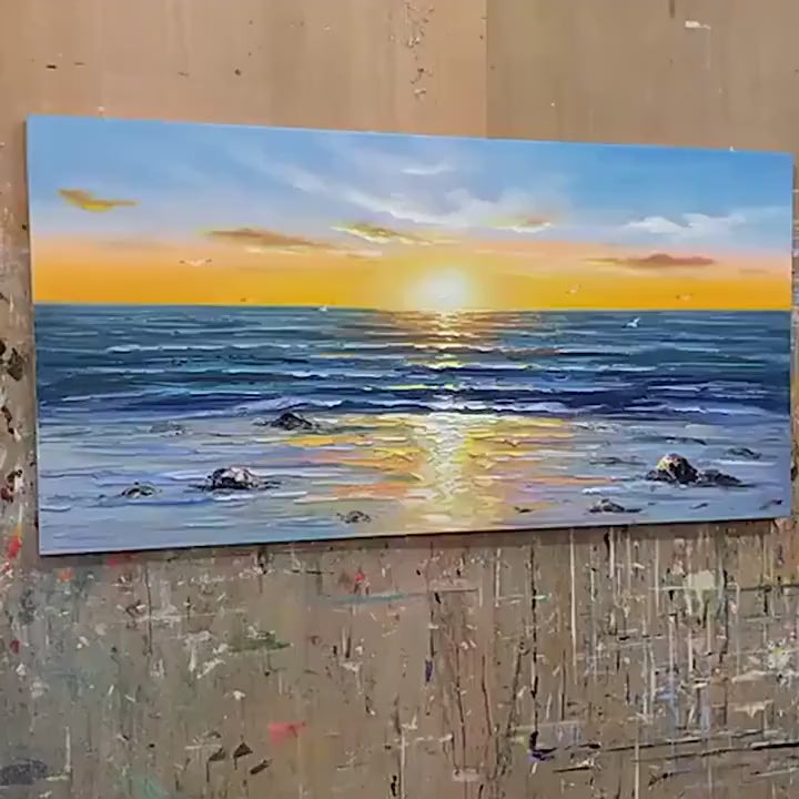 Sunkissed Shores: Panoramic Beach Sunset Painting | Orange, Yellow | Beach & Sea | Living Room, Bedroom, Hotel