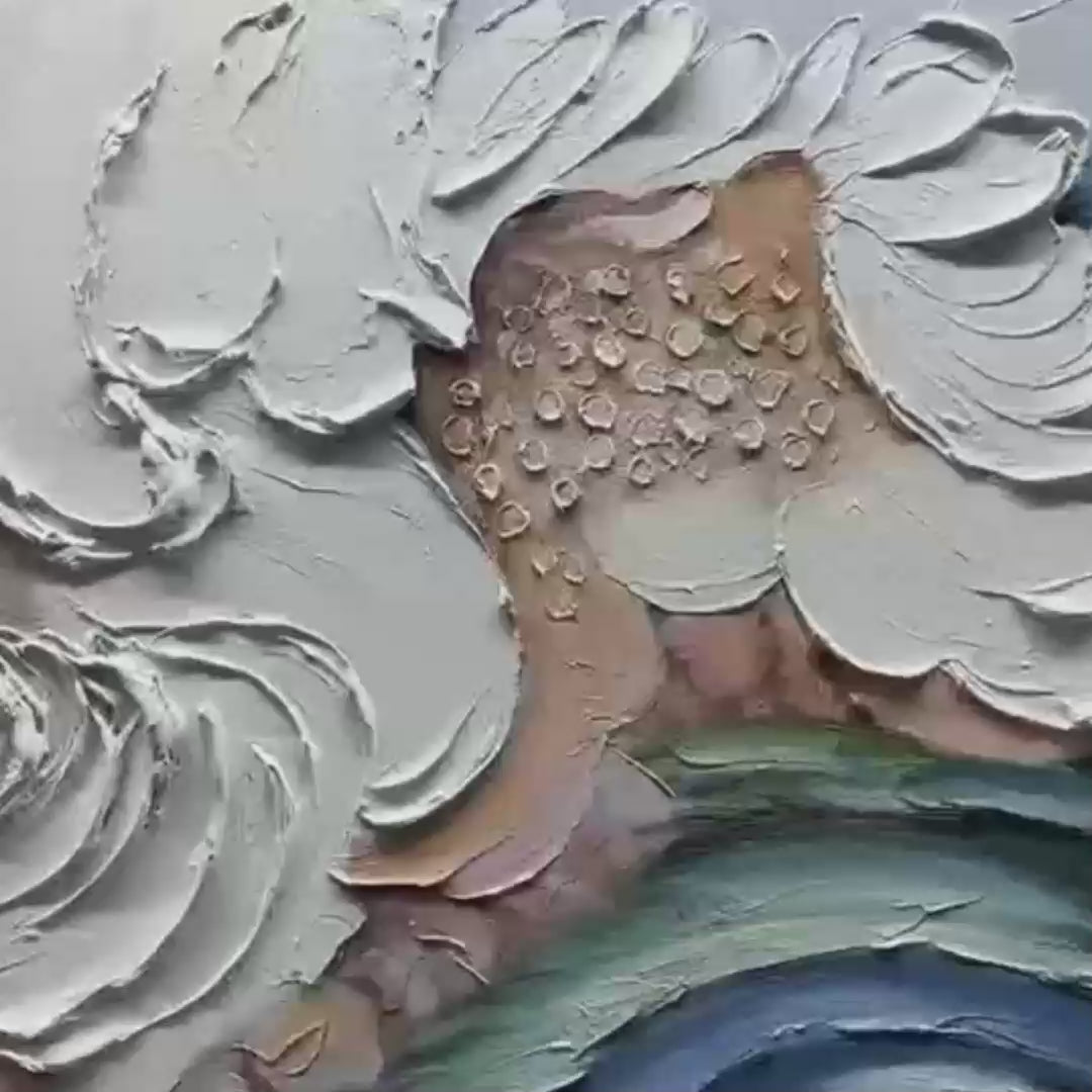 Textured Abstract Seascape Painting, White and Blue Wall Art, Panoramic Canvas, Coastal Decor