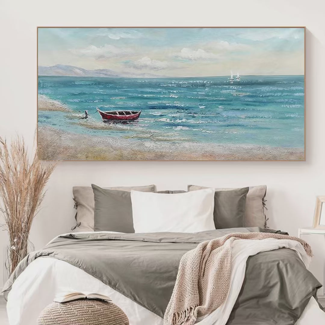 Red Boat at the Shore: Tranquil Coastal Landscape Painting | Coastal Decor