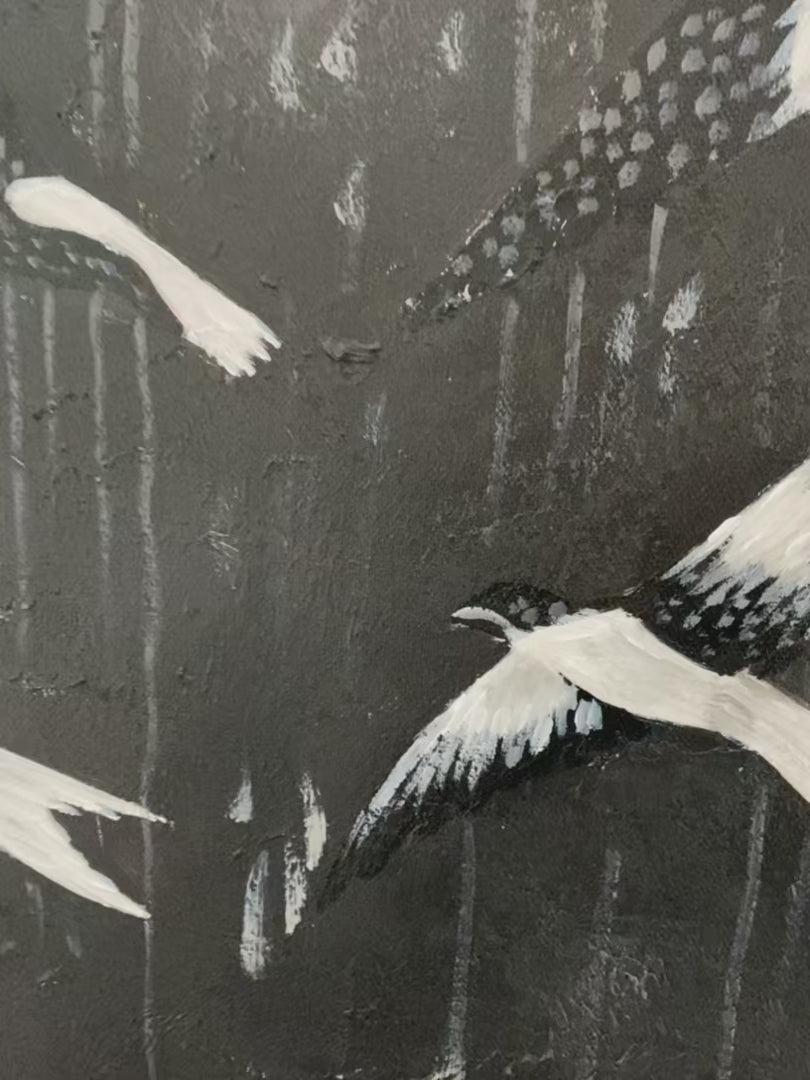 Ascension: Original Beaded Birds Artwork - Textured Black and White Wall Art Decor