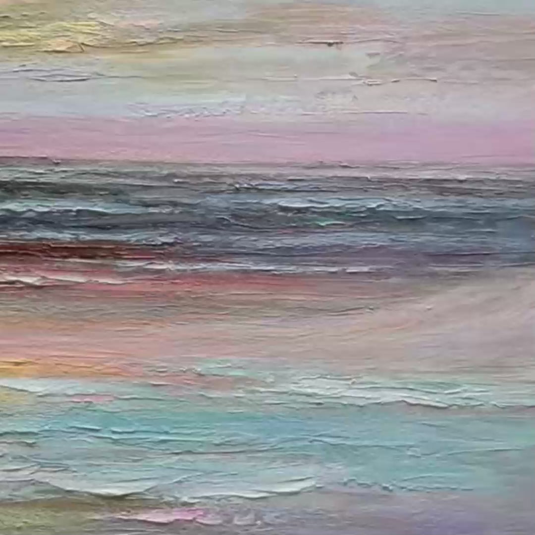 Panoramic Seascape Painting, Textured Wall Art, Horizontal Canvas, Beach Decor