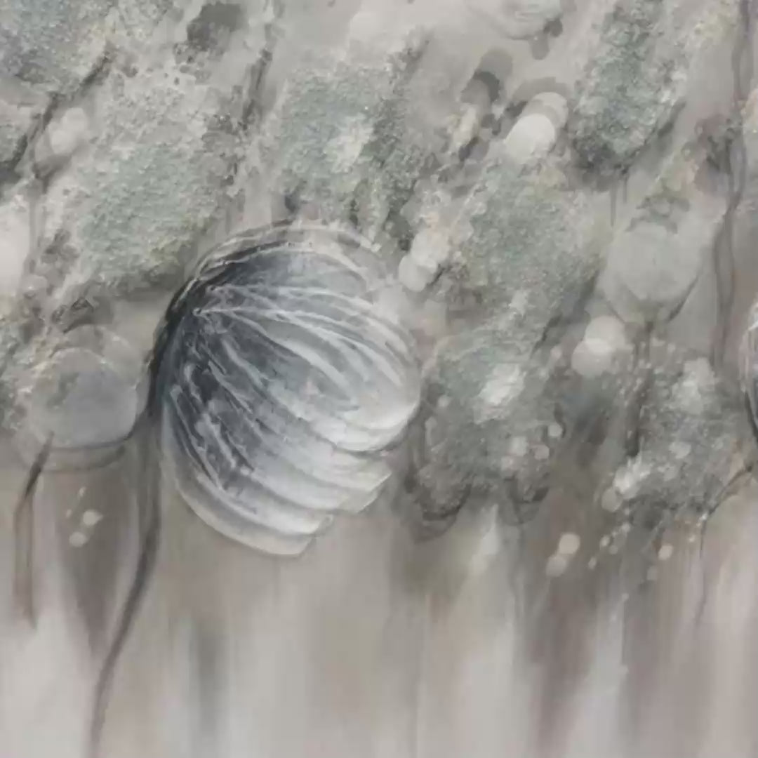 Minimalist Floral Oil Painting in Silver and Gr