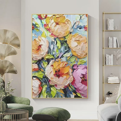Summer Bloom: Textured Impasto Floral Painting in Yellow and Pink for Living Room