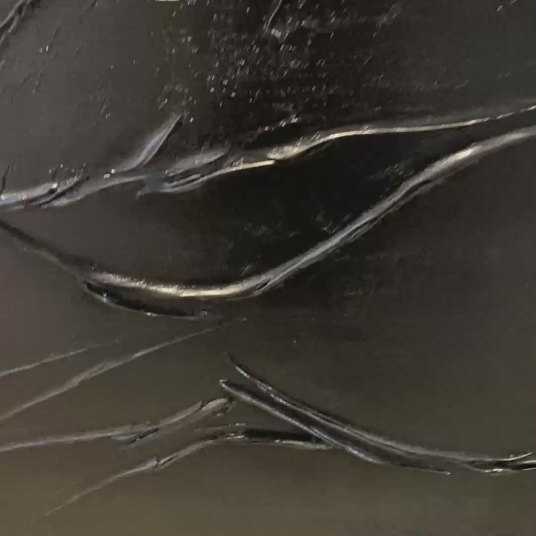 Black Impasto Painting, vertical wall art by Isabella Rossi, dramatic textured black artwork, museum quality