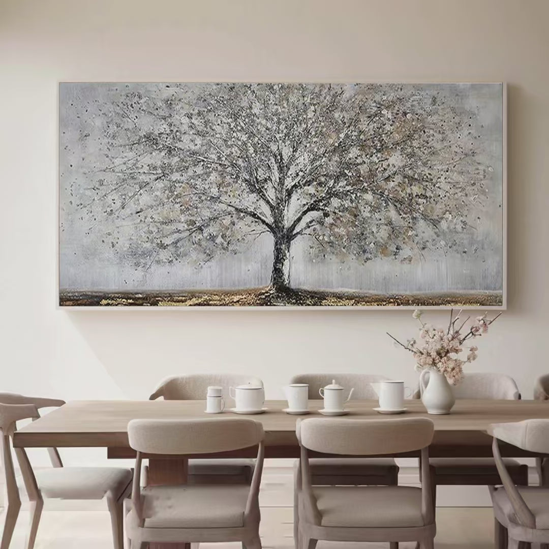 Silver Birch: Textured Tree Painting in Grey and Gold | Tree Decor