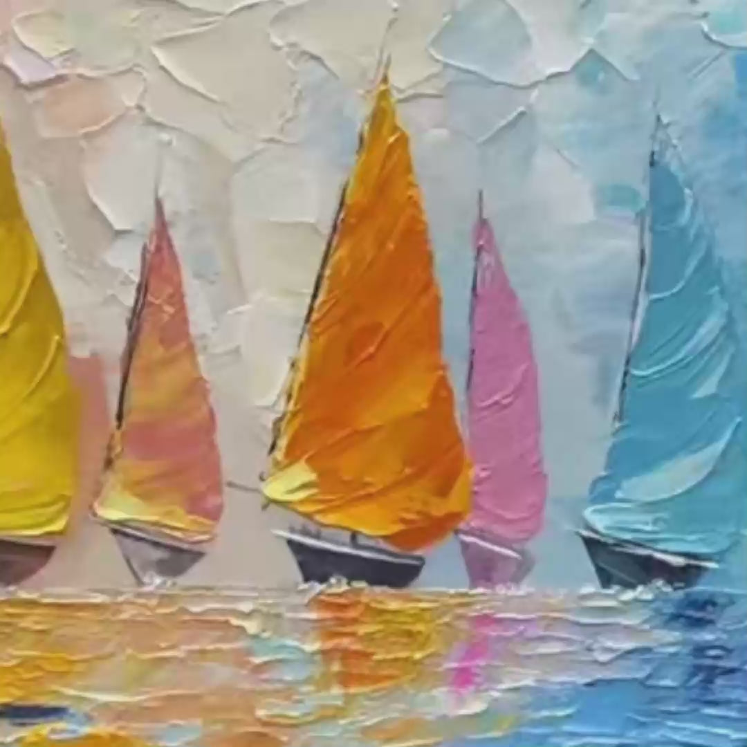 Textured Sailboat Painting, Impasto Wall Art, Panoramic Canvas, Coastal Decor