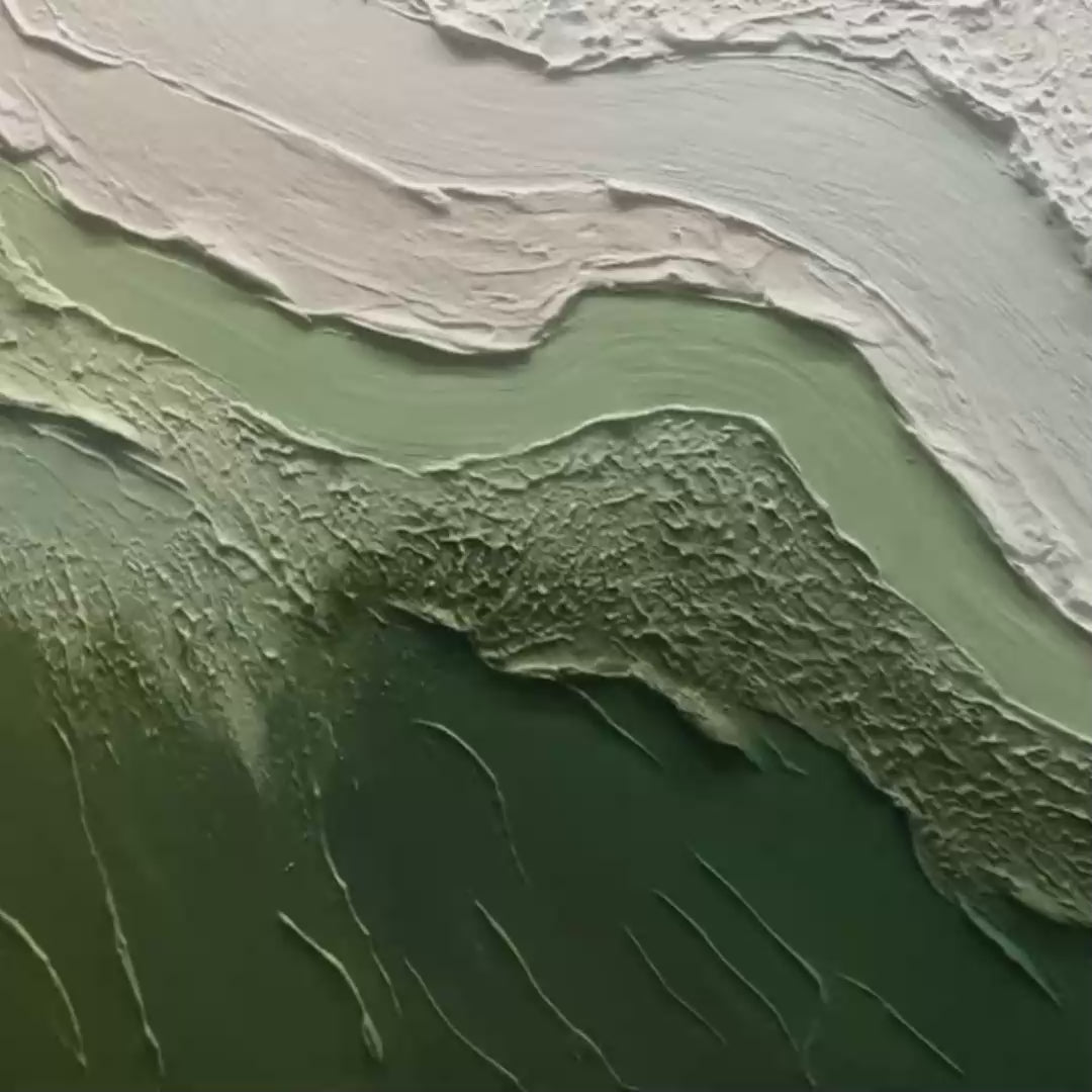 Textured Abstract Landscape Painting, Green and White Wall Art, Panoramic Canvas, Nature-Inspired Decor