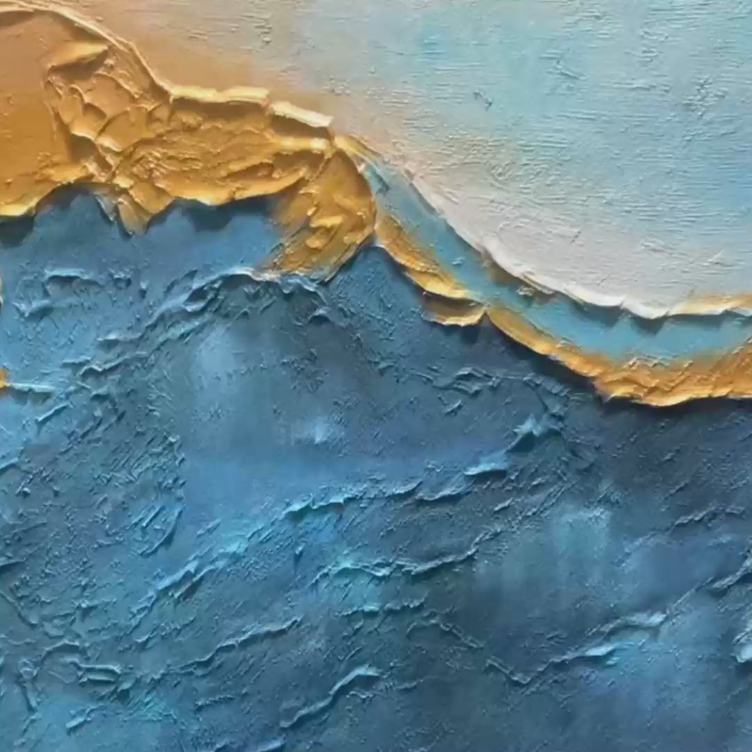 GILDED TIDEPOOL: Square Abstract Oil Painting with Gold Leaf and Blue