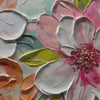 Textured impasto painting of peach blossom flowers in peach and white hues. Horizontal artwork by Isabella Rossi.