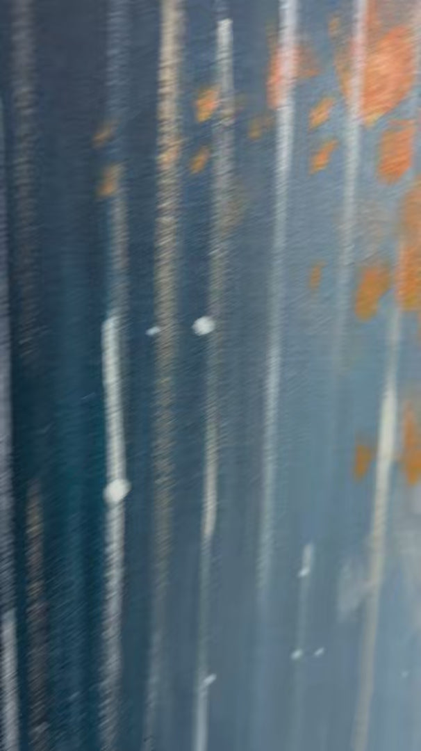 Rainy Day Reflections: Vertical Cityscape Painting | Blue & Gold | Minimalist Art | Wall Art