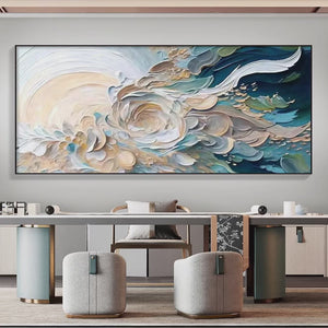 Oceanic Bloom: Textured Abstract Floral Painting in Blue, Beige & Gold