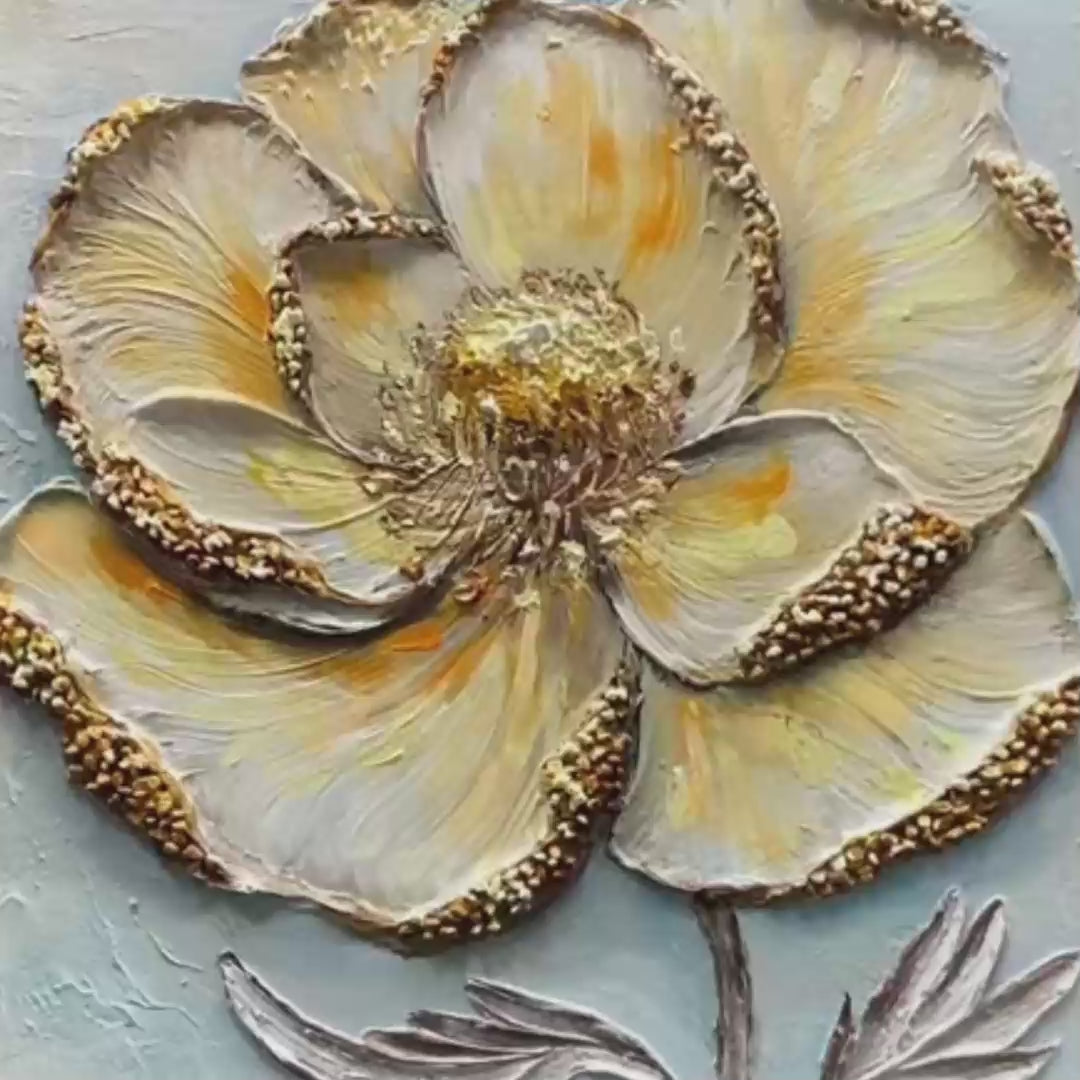 Golden Bloom: Original Impasto Floral Oil Painting - Textured Gold Flower Wall Art Decor
