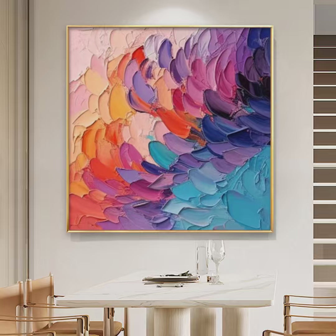 Rainbow Waves: Textured Abstract Painting | Impasto Wall Art | Square Canvas | Modern Decor