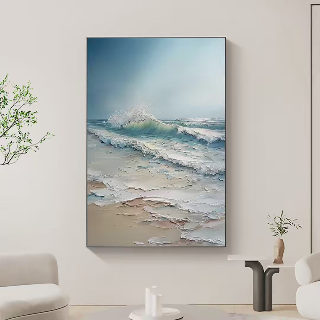 Ocean's Embrace: Textured Ocean Painting | Impasto Wall Art | Vertical Canvas | Beach Decor