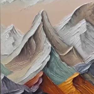 Textured impasto mountain landscape painting in earthy tones, showcasing depth and Wabi Sabi aesthetic.