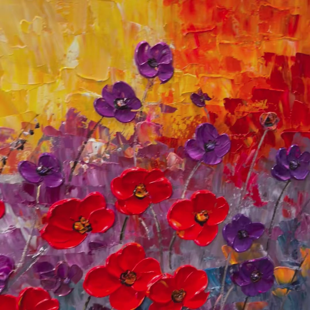 Poppy Field Symphony: Original Impasto Floral Oil Painting - Textured Red and Purple Poppy Wall Art Decor
