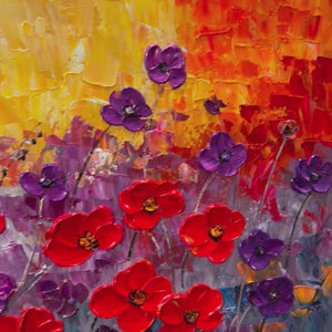 Poppy Field Symphony: Original Impasto Floral Oil Painting - Textured Red and Purple Poppy Wall Art Decor