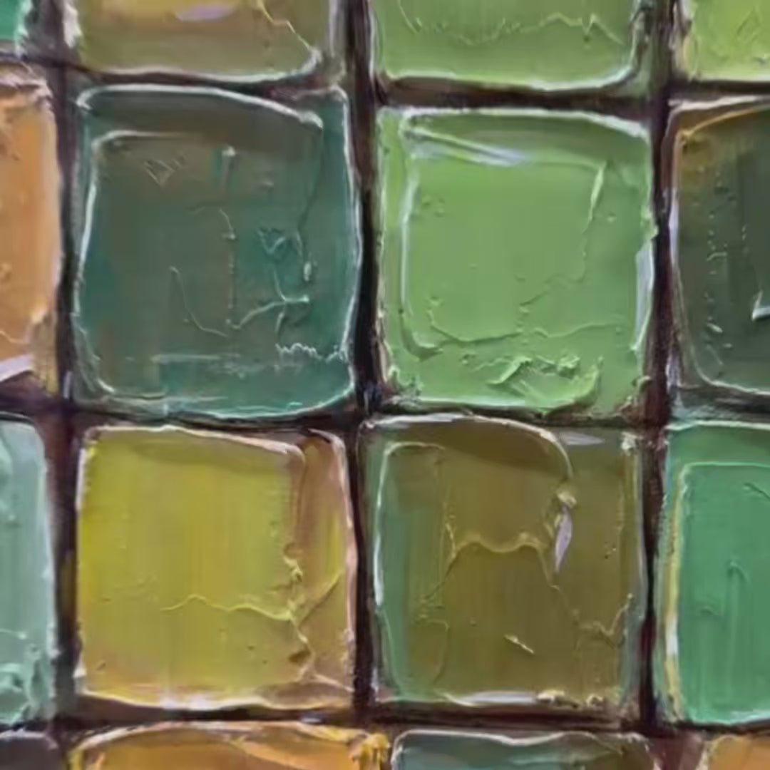 Emerald Mosaic: Original Abstract Green Oil Painting - Textured Square Wall Art