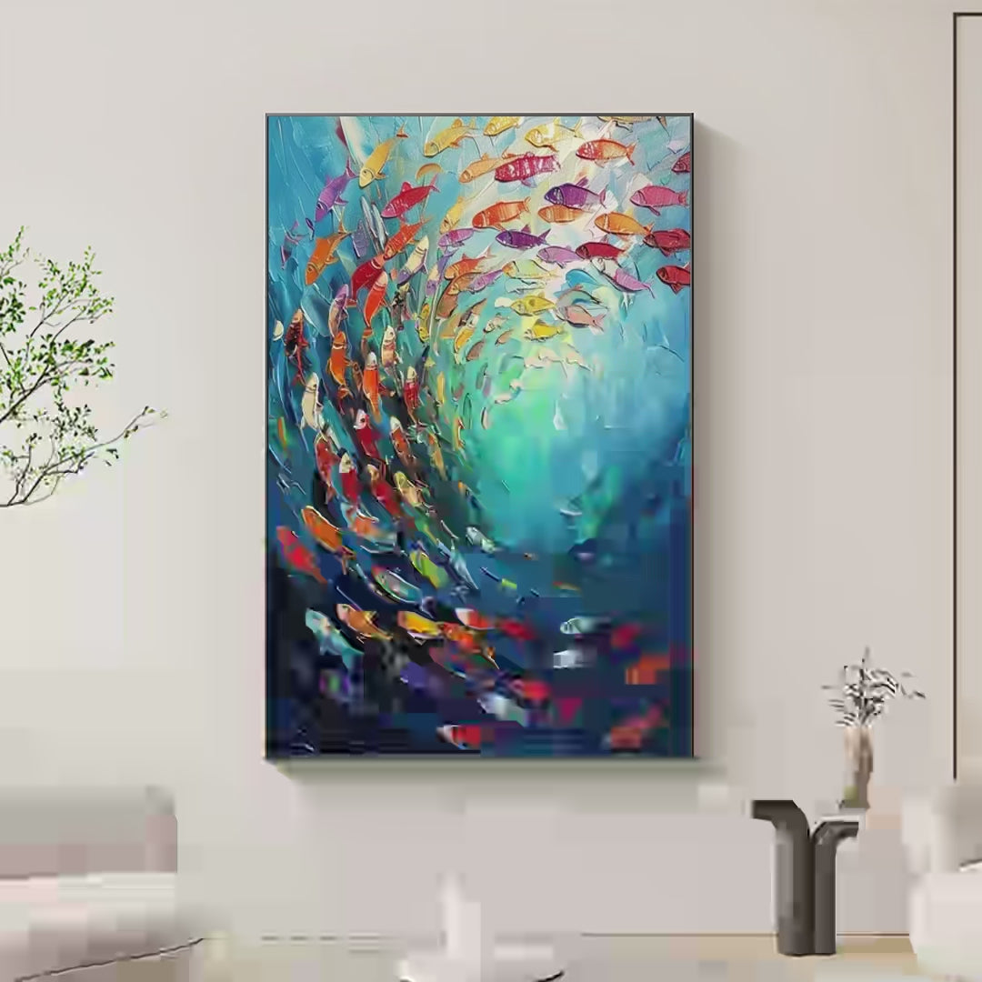 Whirlpool of Fish Colorful School of Fish Painting Fish Decor