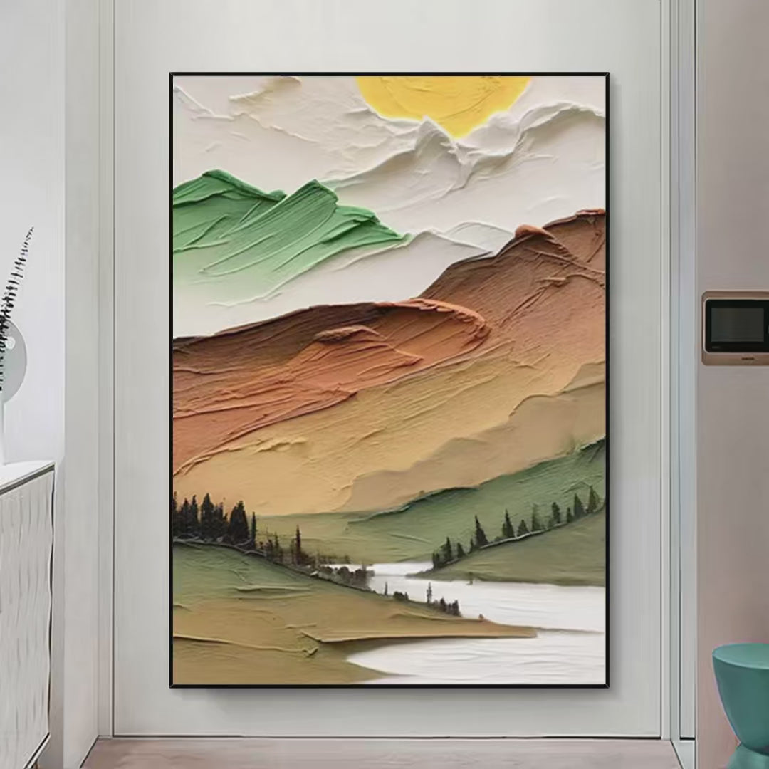 Golden Valley: Textured Mountain Landscape Painting | Green and Gold Wall Art | Vertical Canvas | Impasto Decor