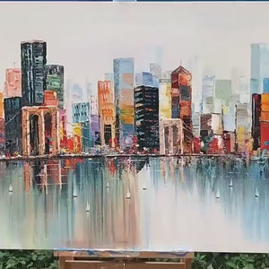 Metropolitan Reflections: Panoramic Cityscape Oil Painting on Canvas