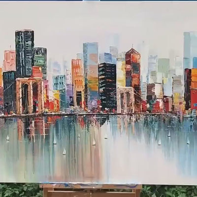 Metropolitan Reflections: Panoramic Cityscape Oil Painting on Canvas