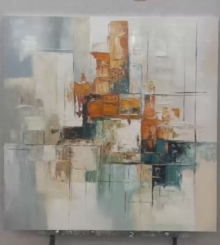 ABSTRACT CITYSCAPE: Textured Geometric Abstract Painting, Square Wall Art