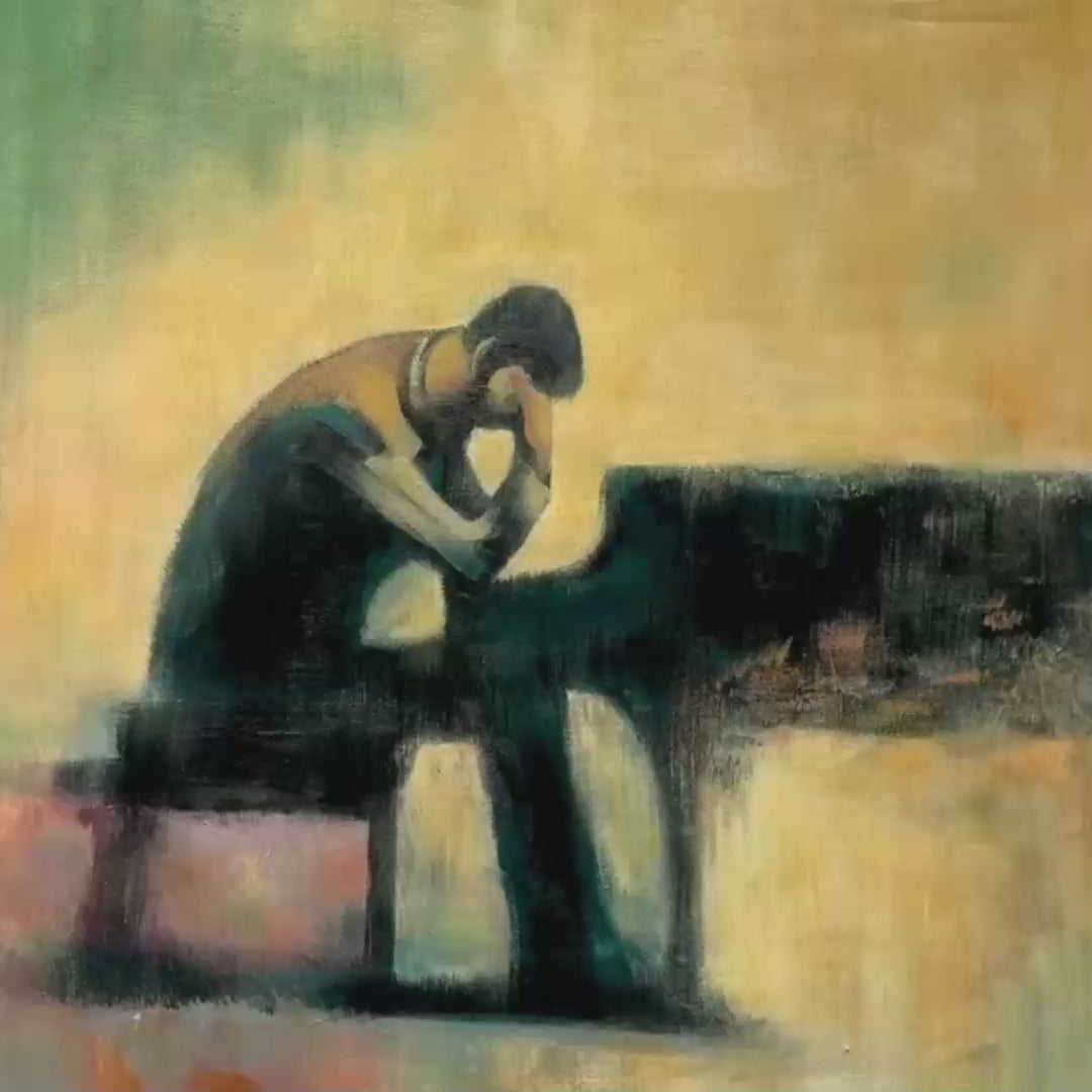 Solitude Sonata: Expressive Figurative Piano Oil Painting