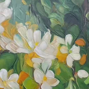 Textured impressionist painting of white orange blossoms on a panoramic canvas with vibrant green and yellow accents.