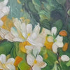 Textured impressionist painting of white orange blossoms on a panoramic canvas with vibrant green and yellow accents.