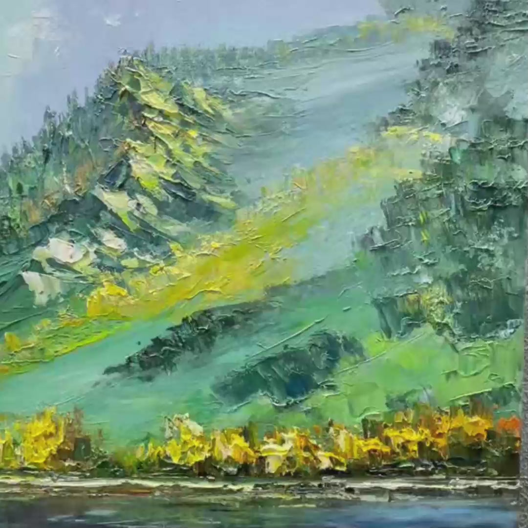 Panoramic oil painting: Mountain lake, reflective peaks, autumn foliage. Vibrant colors, visible brushstrokes, black frame.