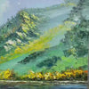 Panoramic oil painting: Mountain lake, reflective peaks, autumn foliage. Vibrant colors, visible brushstrokes, black frame.