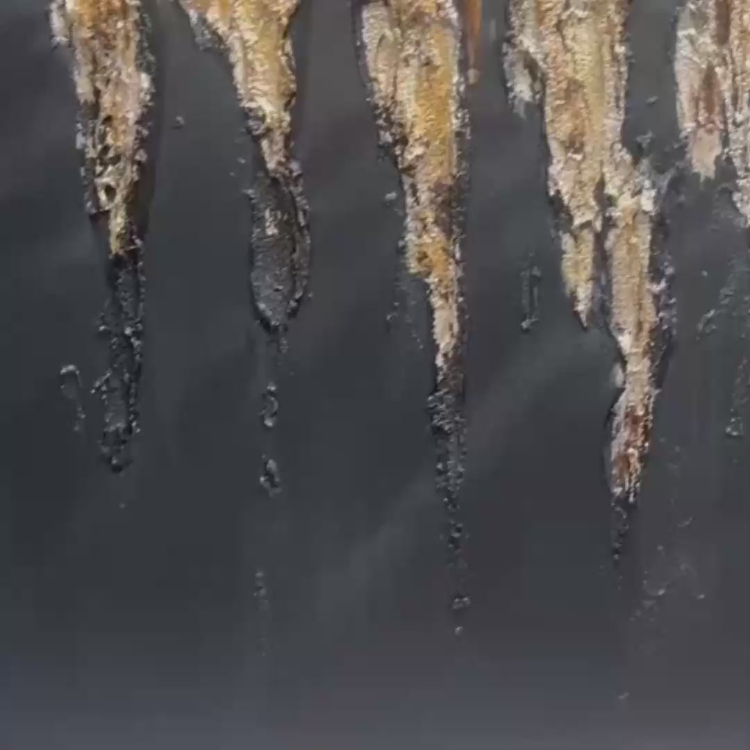 Black and gold abstract textured painting with metallic gold strokes on black background, vertical art for living room.