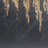 Black and gold abstract textured painting with metallic gold strokes on black background, vertical art for living room.