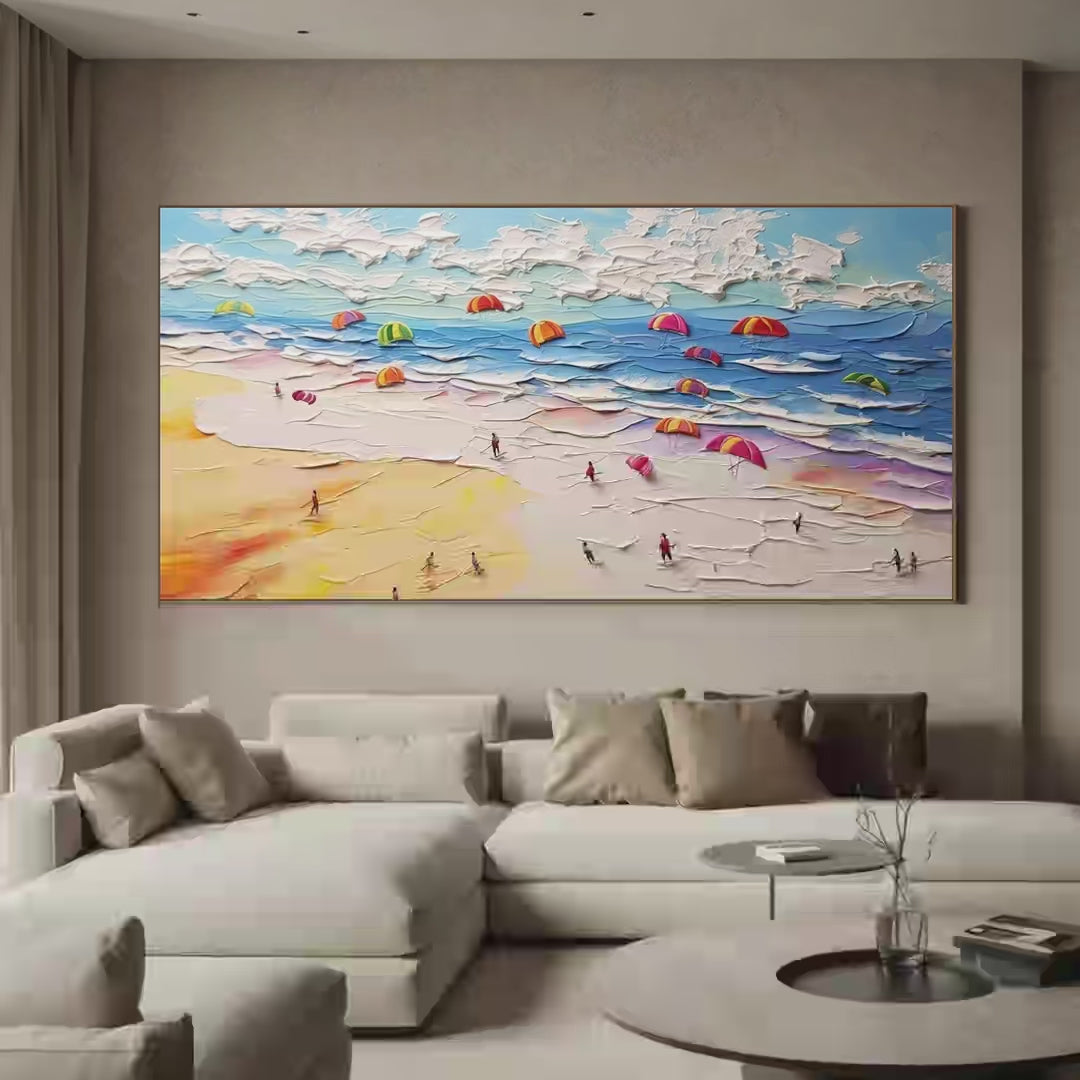 Seaside Celebration Textured Impasto Beach Painting with Colorful Umbrellas Beach Decor