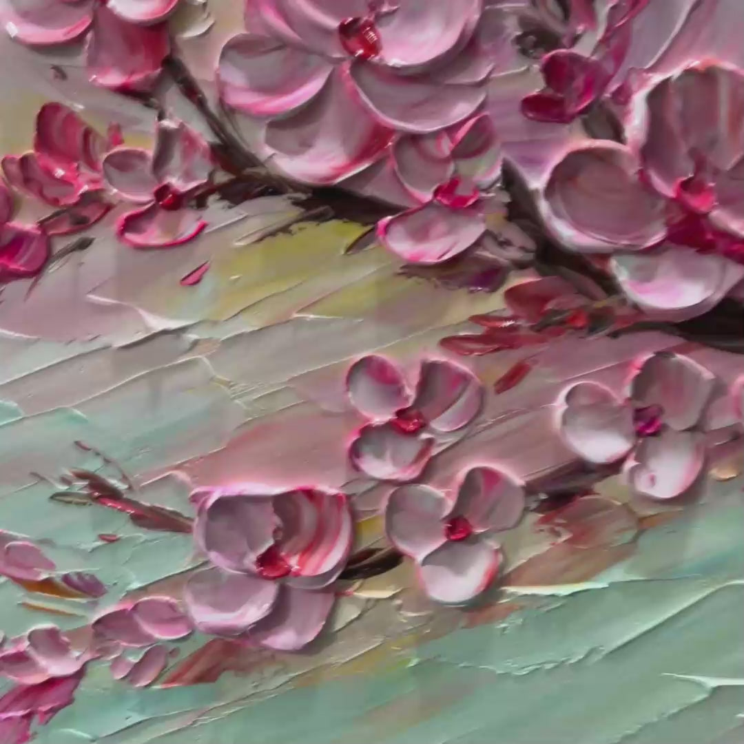 Cherry Blossom Dream painting, Elodie Dubois. Textured impasto cherry blossoms. Pink blossoms, romantic wall art.