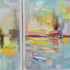 Abstract Seascape Triptych painting set by Isabella Rossi. Impasto style artwork with vibrant colors and textured strokes.