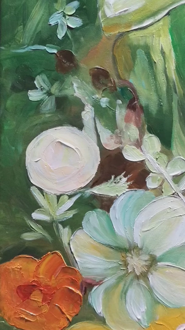 Garden's Grace: Original Textured Floral Still Life Oil Painting - Colorful Flower Fruit Wall Art