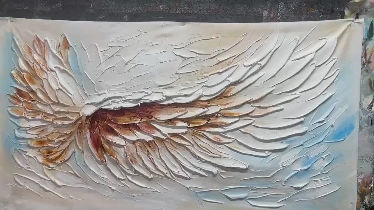 Angel Wings: Textured White & Gold Angel Wing Painting for Serene Decor