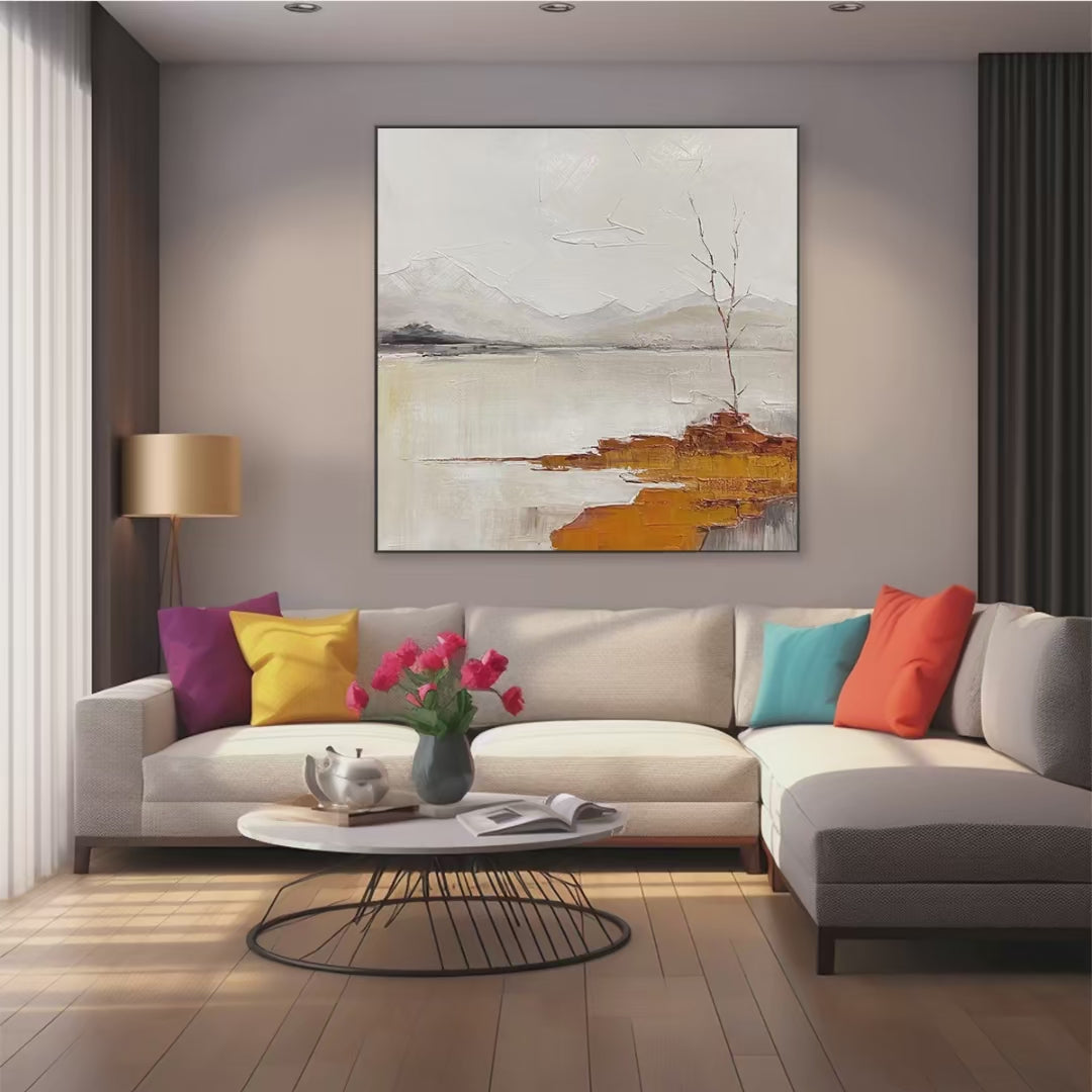 Serene Waters: Minimalist Landscape Painting | White, Grey, Orange | Square Canvas Art