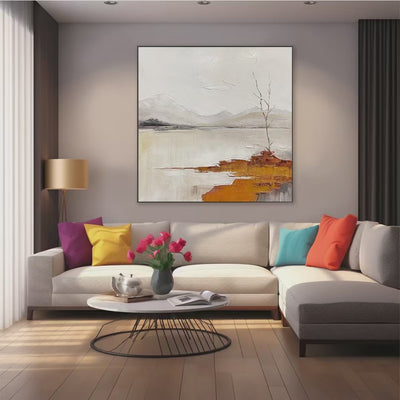 Serene Waters: Minimalist Landscape Painting | White, Grey, Orange | Square Canvas Art