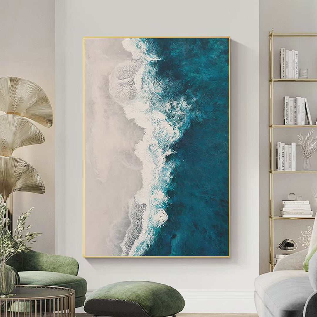 Azure Coast: Blue and Beige Abstract Coastal Painting for Living Room Decor