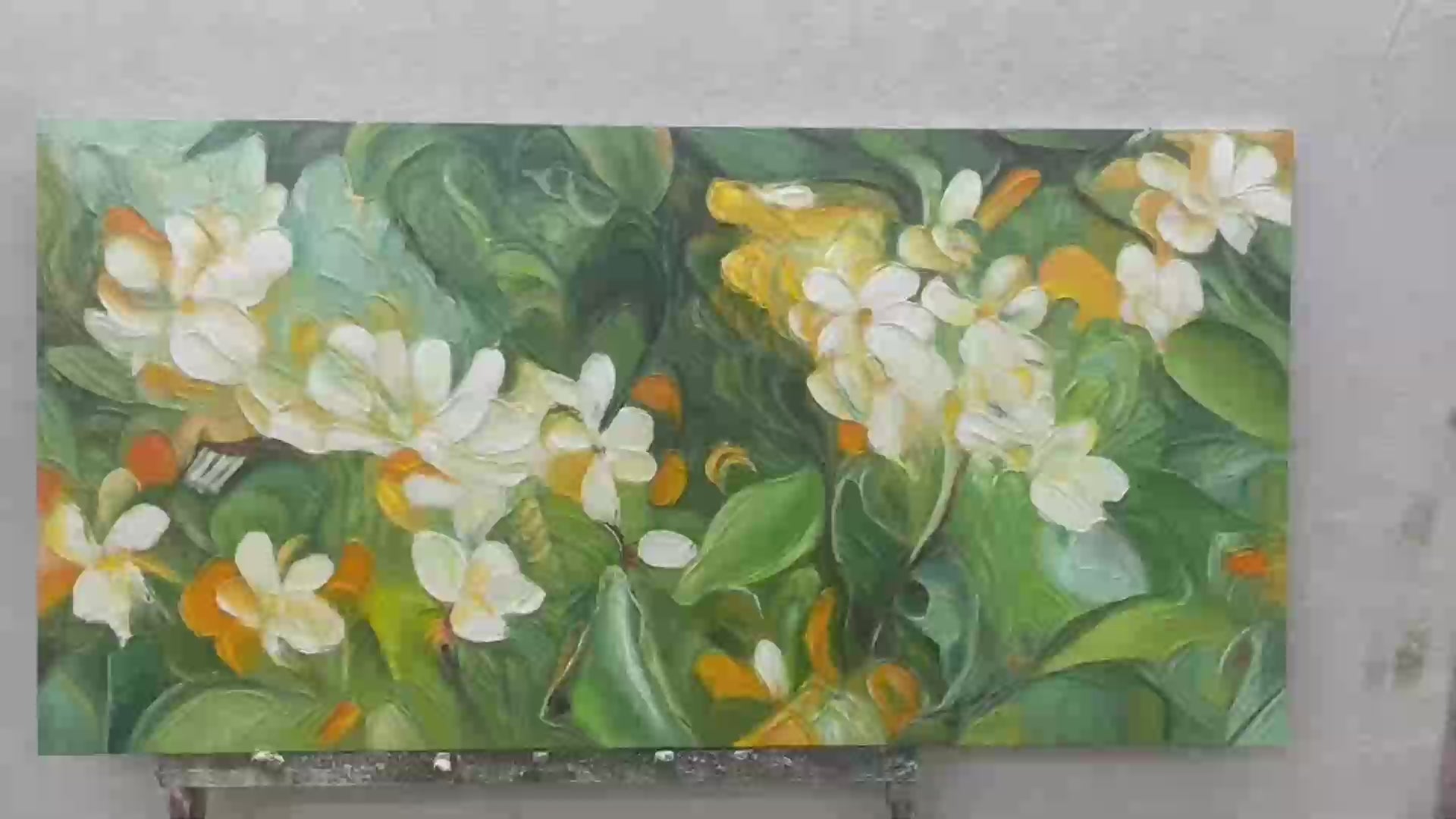 ORANGE BLOSSOM: Textured Floral Painting, White Flowers Wall Art, Panoramic Canvas, Impressionist Decor