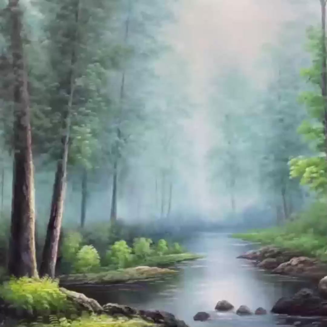 FOREST PATH: Panoramic Forest Painting with Stream, Misty Landscape, Canvas Wall Art