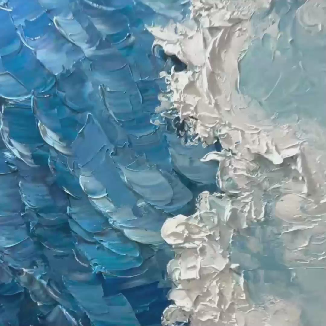 Textured Ocean Painting, Blue Abstract Wall Art, Vertical Canvas, Impasto Decor