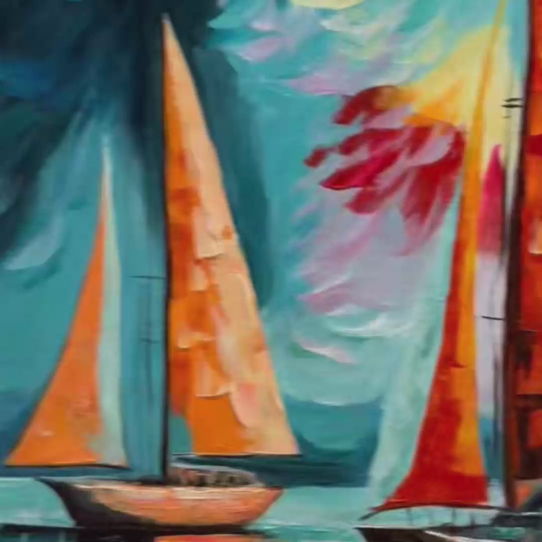 EVENING SAIL: Square Sailboat Painting, Colorful Sunset