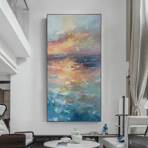 Golden Hour Seascape: Ocean Painting | Sunset Wall Art | Impasto Texture | Vertical Canvas